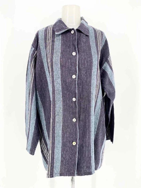 bryn Walker Women's Blue/Gray Button Down Linen Stripe Size XS Dress