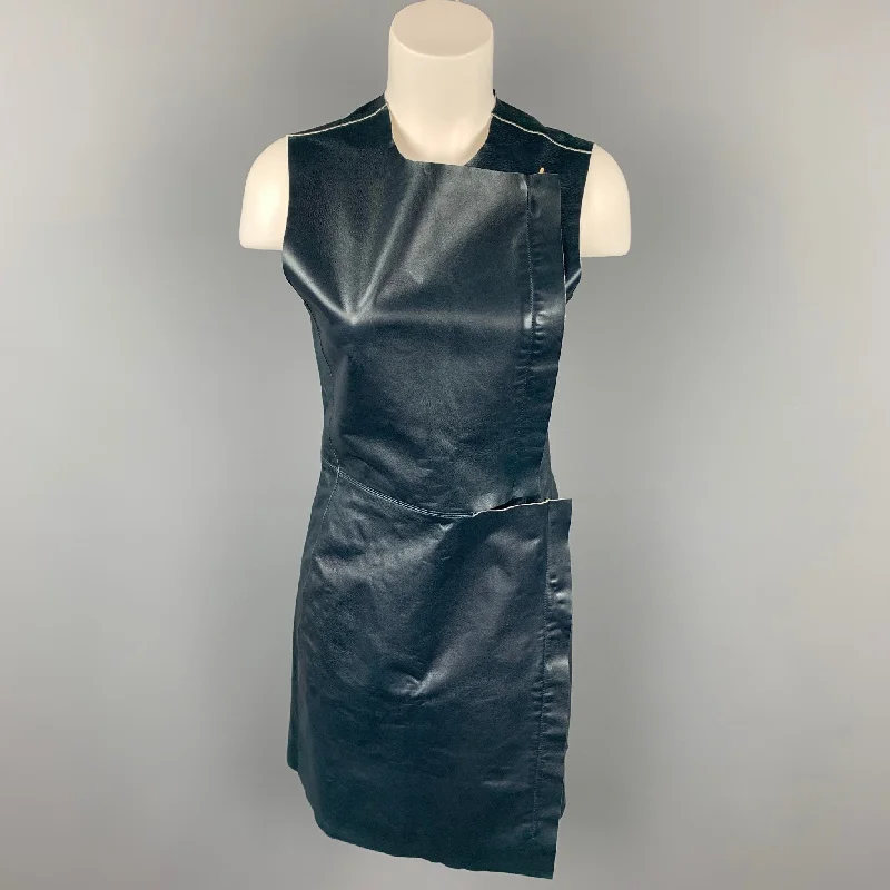 CALVIN KLEIN COLLECTION Size 2 Dark Blue Leather Lamb Skin Sheath Dress