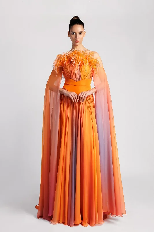 Cape sleeves chiffon dress with feathers