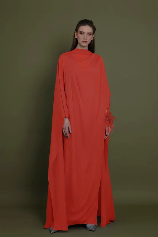 Cape style chiffon orange dress