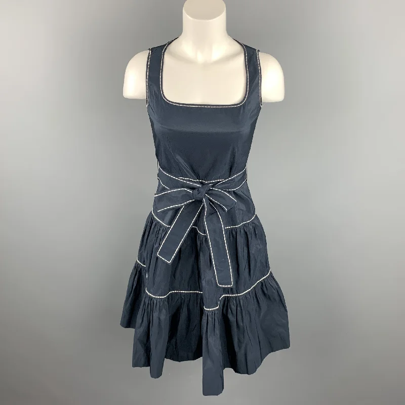 CAROLINA HERRERA Size 0 Navy Tafeta Polyester Tiered Belted Dress