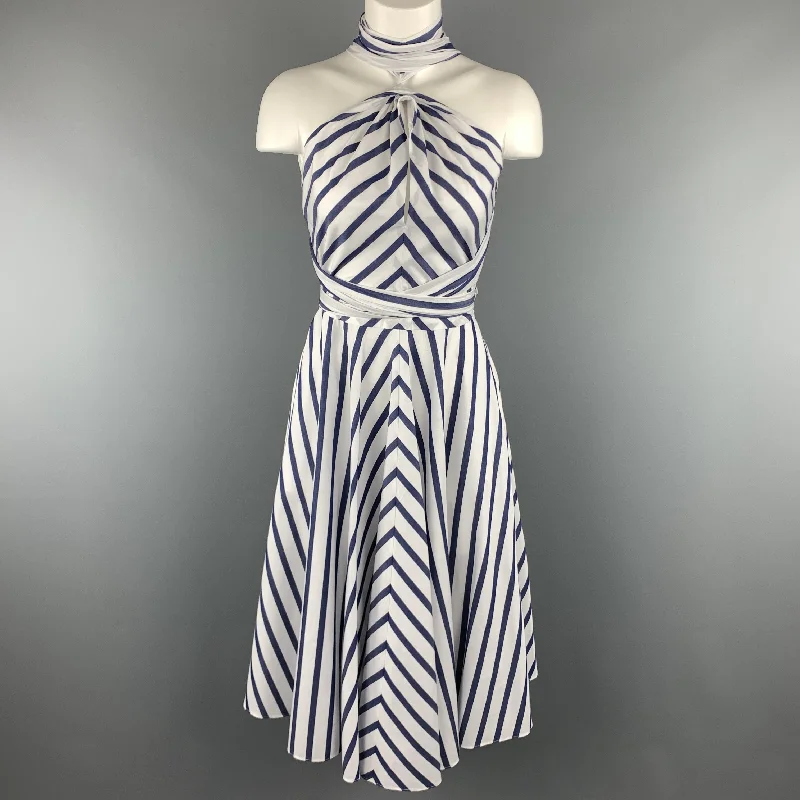 CAROLINA HERRERA Size 0 White & Bllue Striped Cotton Gathered Halter Sun Dress