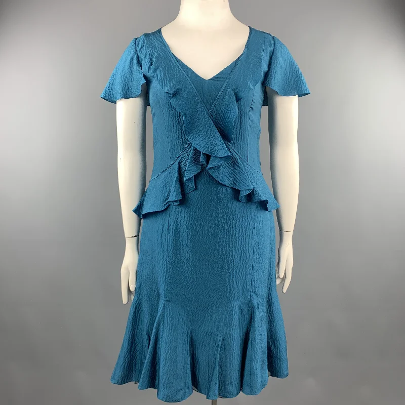 CAROLINA HERRERA Size 12 Teal Textured Ruffle V Neck Dress