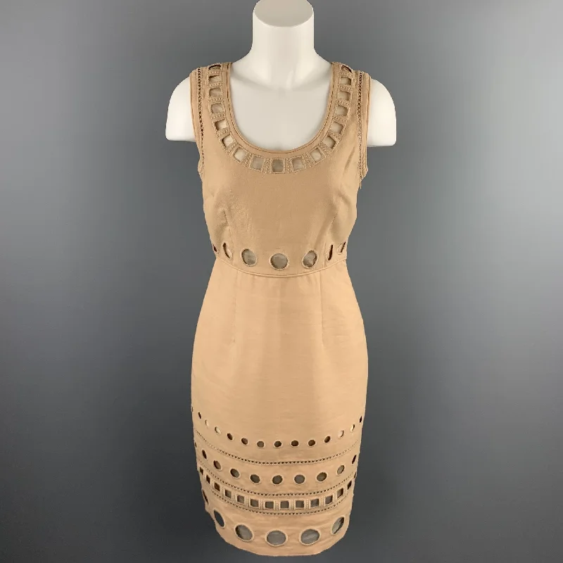 CATHERINE MALANDRINO Size 4 Beige Cut Out Cotton Sheath Dress