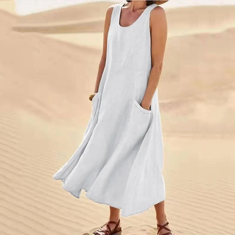 Cotton Linen Sleeveless Loose Swing Dress for Women