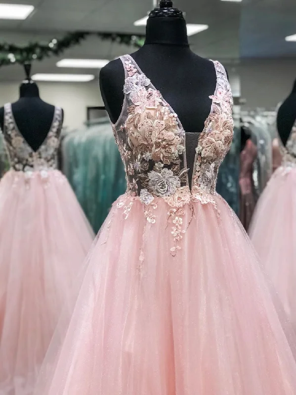 Deep V Neck and V Back Pink Lace Floral Long Prom Dresses, Pink Lace Floral Formal Evening Dresses