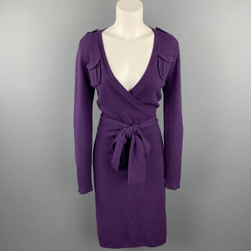 DIANE VON FURSTENBERG Size S Purple Knitted Wool Blend Wrap Dress