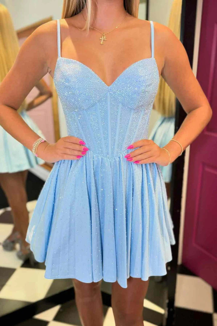 DingJiDress A-Line Homecoming Dress Spaghetti Straps Light Blue Beaded Graduation Dresses