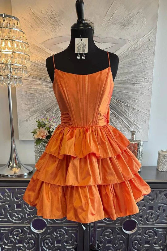 DingJiDress A-Line Ruffle Homecoming Dress Chic Spaghetti Straps Orange Graduation Dresses