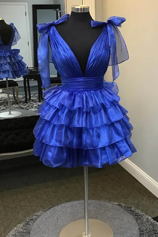 DingJiDress Fashionable and Beautiful Homecoming Dress Royal Blue V-Neck Ruffle with Bow