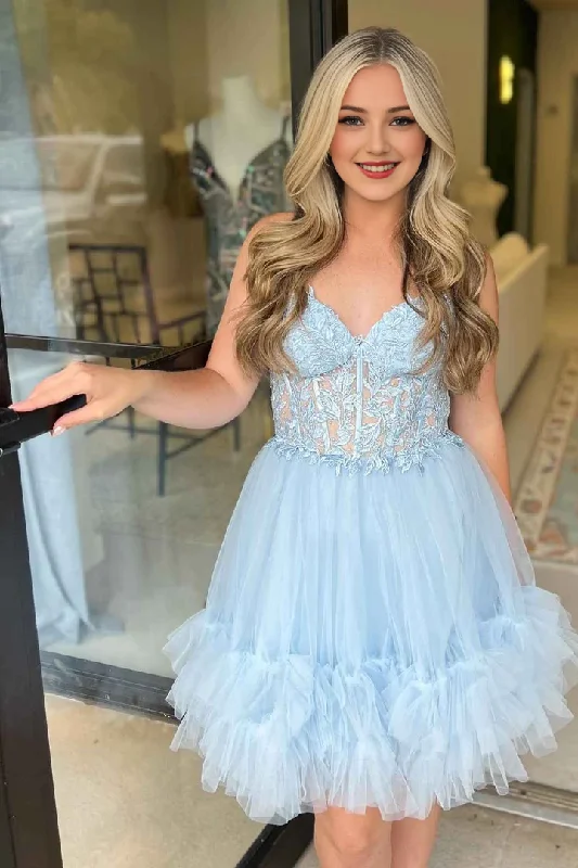 DingJiDress Homecoming Dresses Light Blue Strapless Applique Ruffle Graduation Dresses