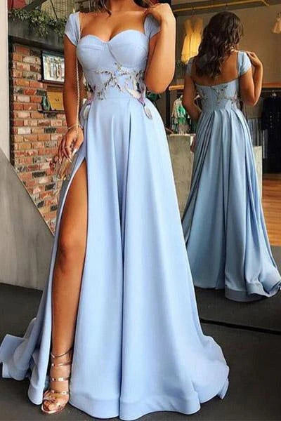 DingJiDress Prom Dresses Evening Dresses Cap Sleeve A Line Side Slit Satin