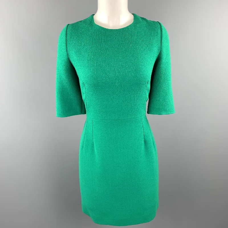 DOLCE & GABBANA Size 10 Green Wool Crepe Three Quarter Sleeve Shift Dress