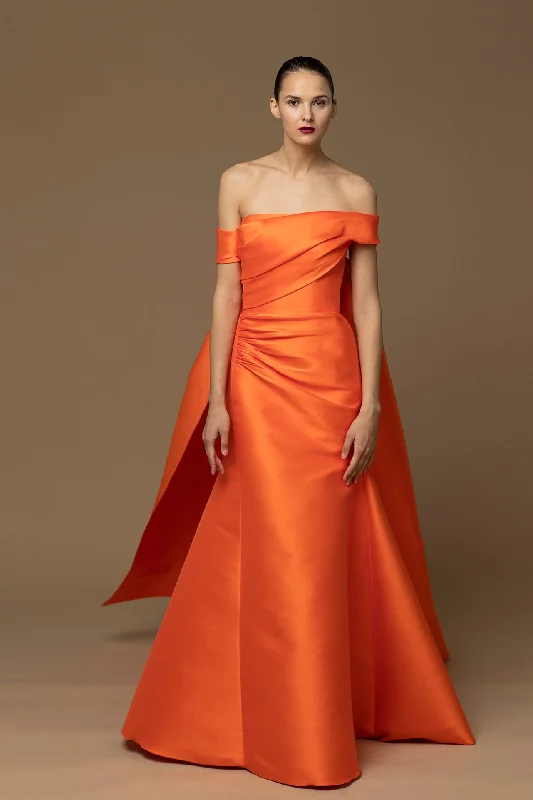 Draped bodice back train off shoulder gown