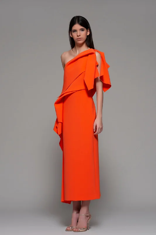 Draped bodice one shoulder crepe orange dress