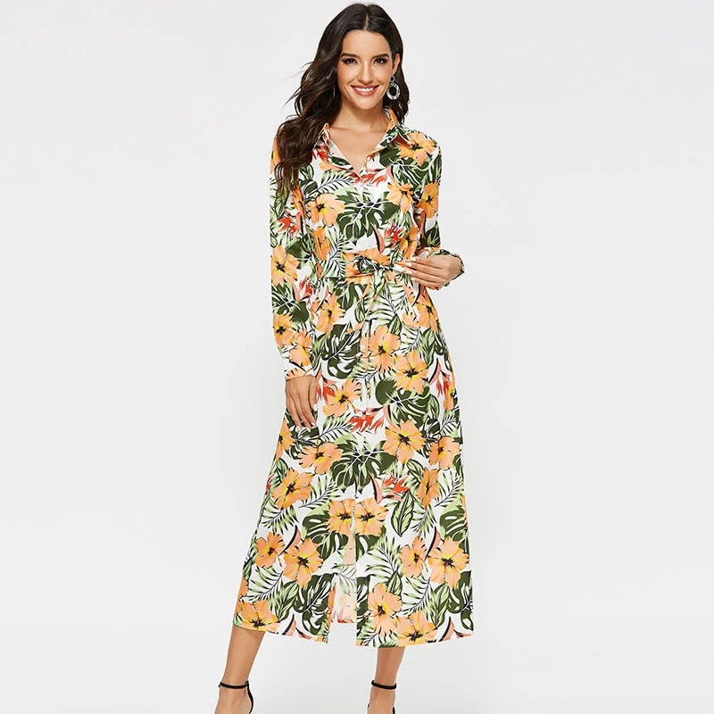 Dress Women Vintage Floral Print Casual Turn Down