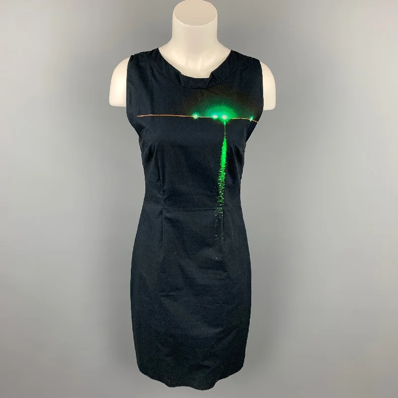 DRIES VAN NOTEN Size 6 Black & Green Poplin Cotton Shift Dress