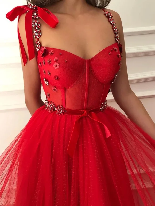 Elegant Red Beaded Floral Long Prom Dresses, Red Floral Long Formal Evening Dresses