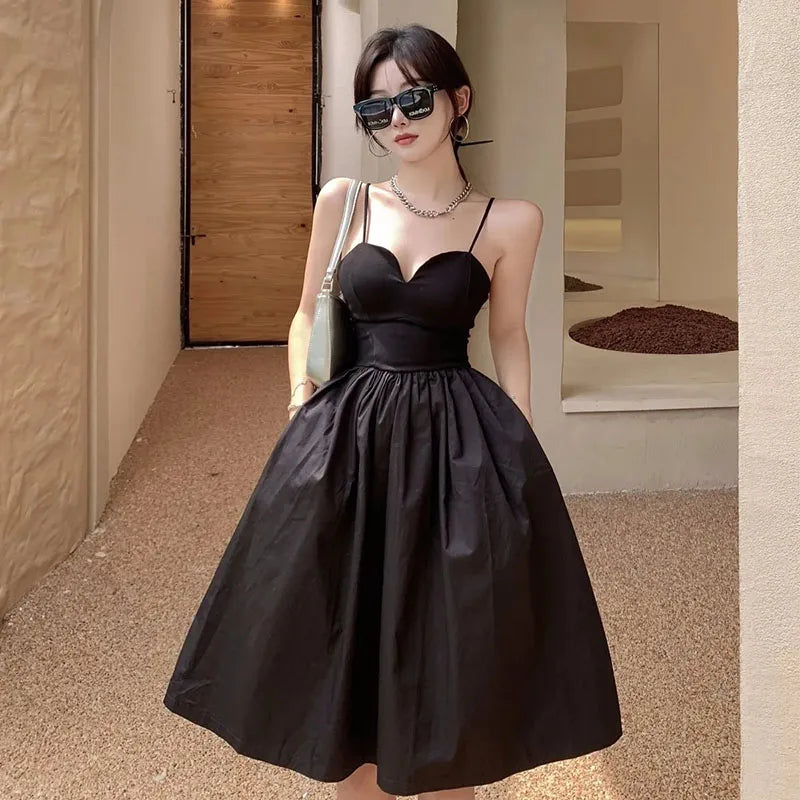 Elegant Women Black Backless Spaghetti Strap Dress