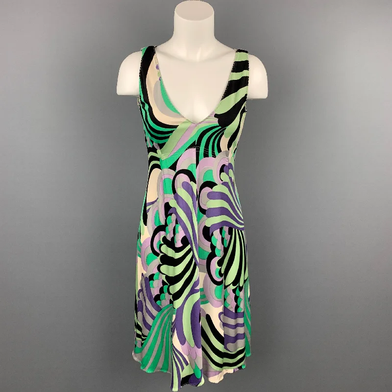 ELIE TAHARI Size S Green & Purple Abstract Jersey Silk V-Neck Dress