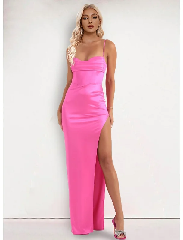 Evening Gown Dress Formal Floor Length Sleeveless Strap Stretch Satin with Slit