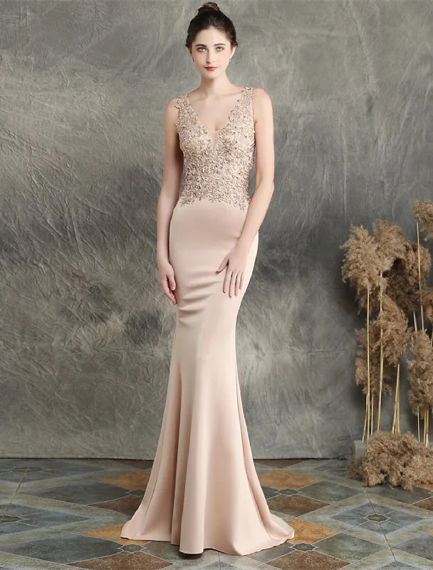 Evening Gown Elegant Dress Formal Sleeveless V Neck Cotton Blend with Beading Applique