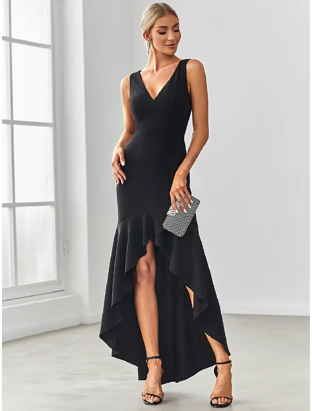 Evening Gown Sexy Dress Formal Asymmetrical Sleeveless V Neck Nylon V Back with Ruffles Drapin