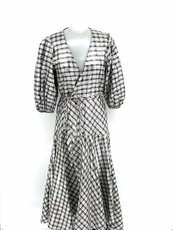 Ganni Women's Silver/Black Wrap Silk Blend Plaid Size 38/M Dress