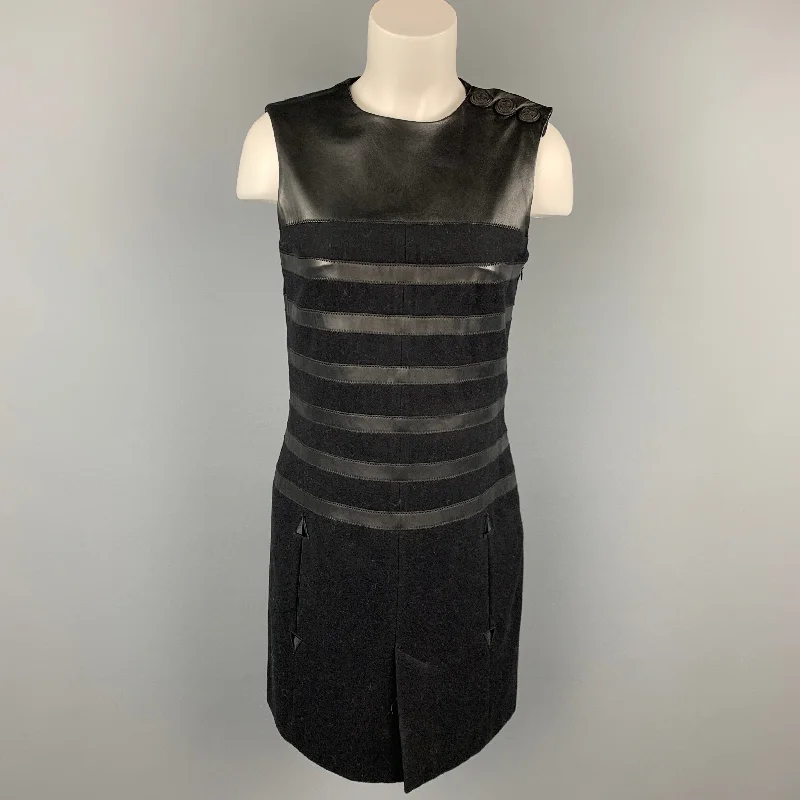 GAULTIER2 by Jean Paul Gaultier Size 8 Black Wool Blend Leather Trim Shift Dress