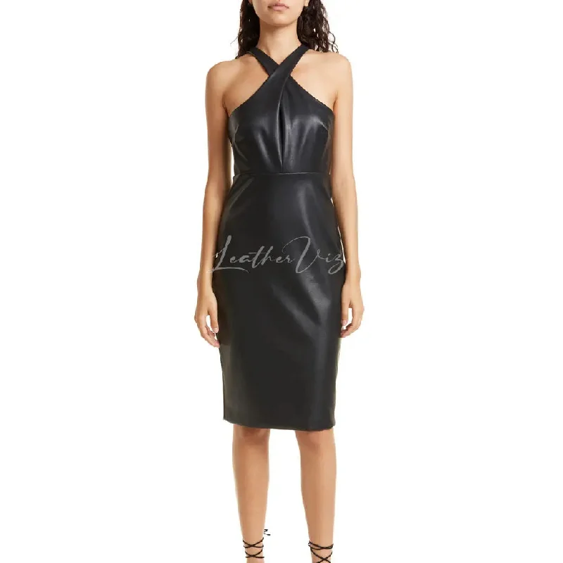 HALTER NECK WOMEN LEATHER SHEATH DRESS