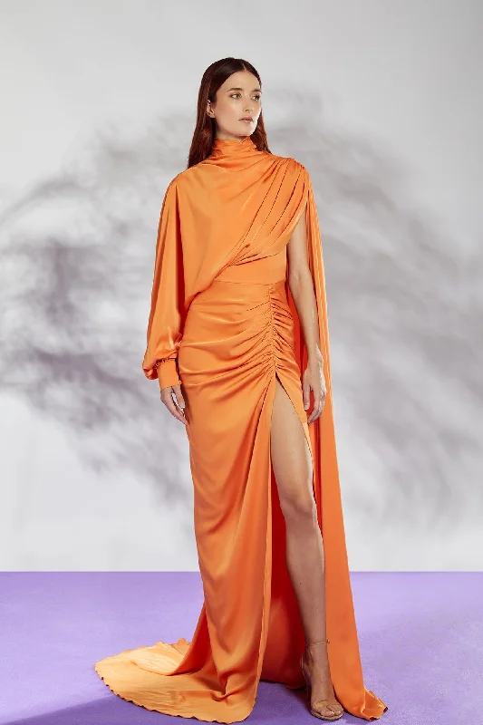 Closed neckline high slit satin dress