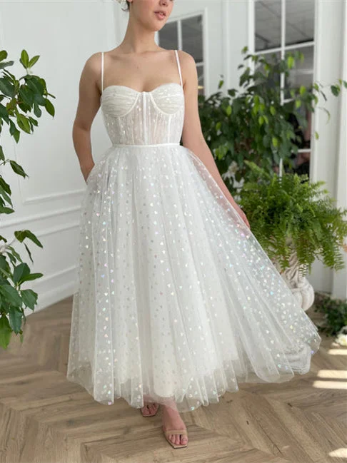 Ivory Hearty Prom Dresses, Spaghetti A-line Prom Dresses, Ankle Length Prom Dresses, 2022 Prom Dresses