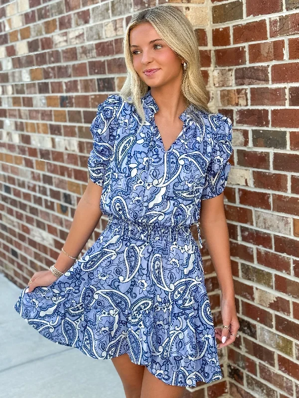 Cinched Waist Dress (Cerulean Paisley)