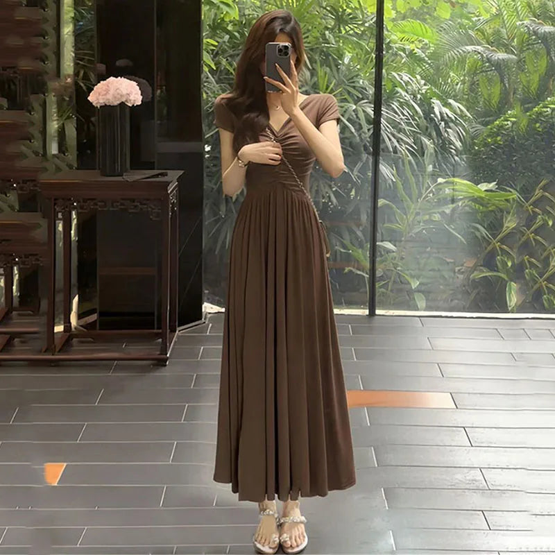 Korean V-Neck A-Line Mid-Calf Dress for Women Summer Chic