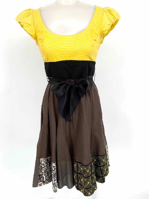 Lithe Women's Brown/Yellow Empire Cotton Size 2 Dress