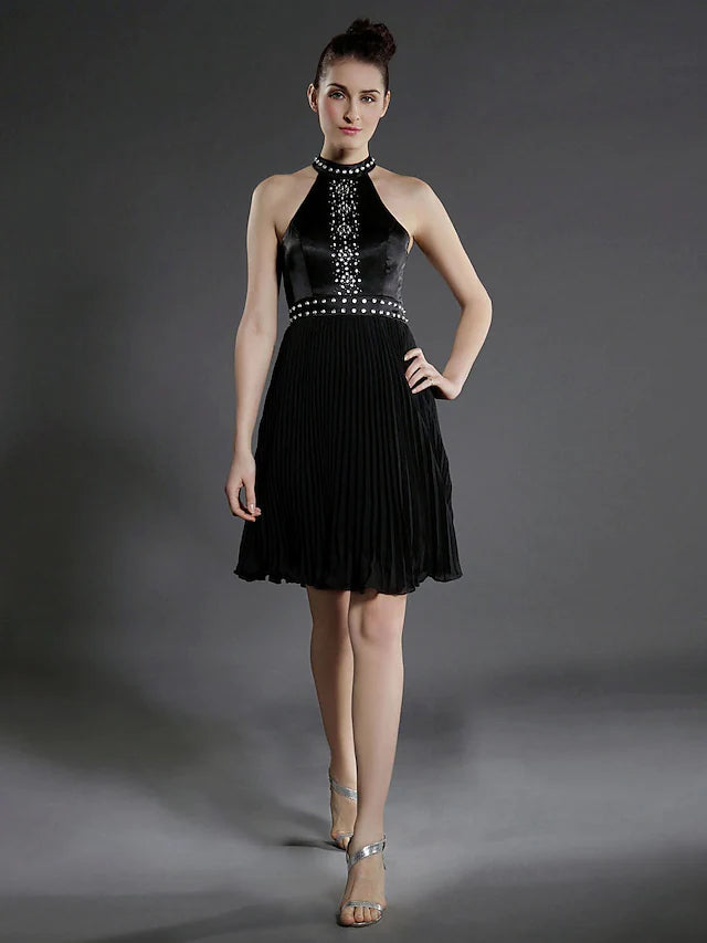 Little Black Dress Dress Holiday Knee Length Sleeveless High Neck Chiffon with Pleats Beading