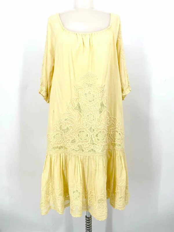 Luisa Spagnoli Women's Yellow Drop Waist Cotton Embroidered Size S Dress