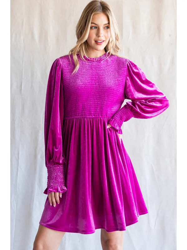 Magenta Smocked Velvet Dress with Frilled Neck