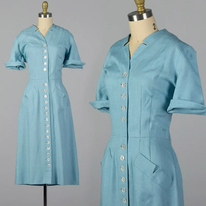 Medium 1940s Linen Day Dress with Button Front