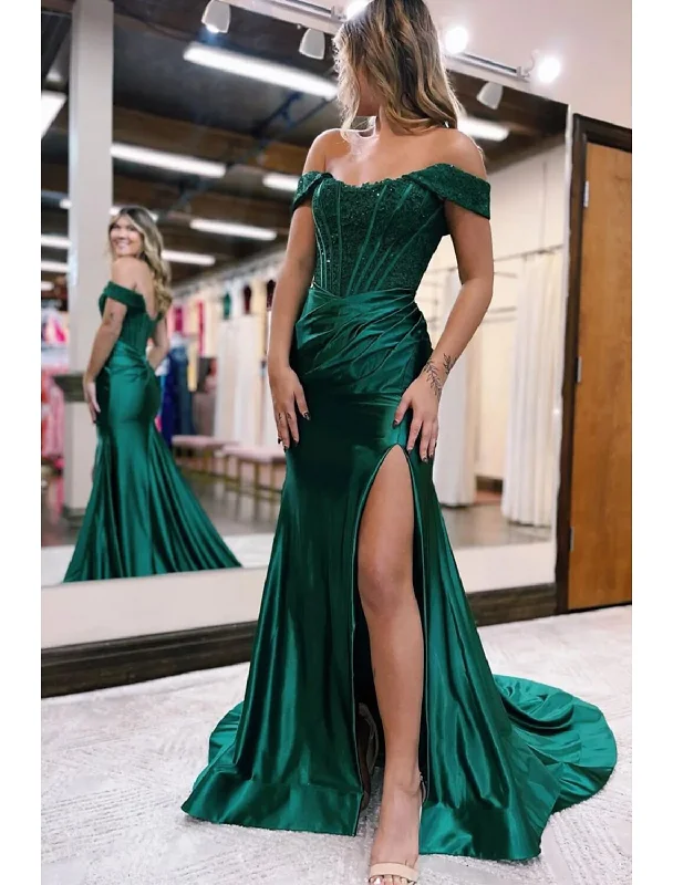 Mermaid / Trumpet Evening Gown Empire Dress Formal Prom Court Train Sleeveless Off Shoulder Imitation Silk with Slit Appliques