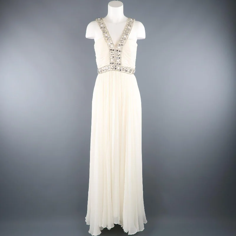 NAEEM KHAN Size M Cream Silk Crepe Chiffon Rhinestone Beaded Strap Dress / Gown