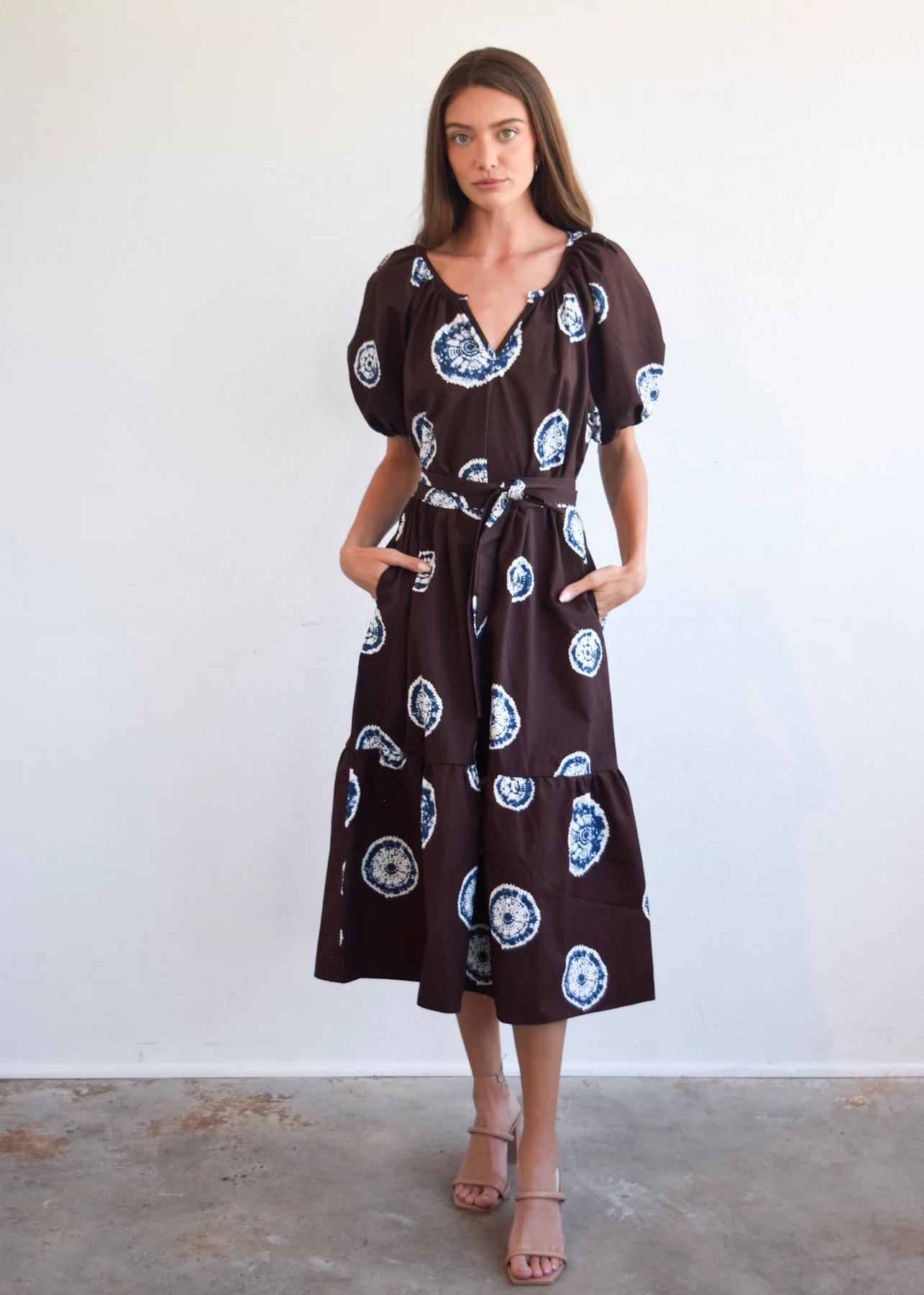 Gathered V-Neck Dress (Blue/Brown Tie Dye)