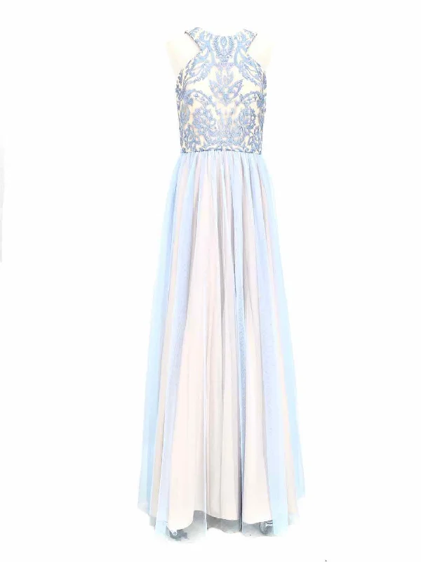 Nightway Women's Blue/Beige High Neck Embroidered Prom Size 6 Gown