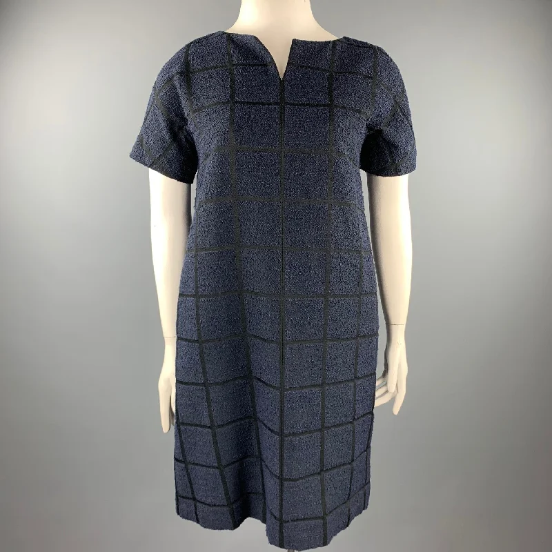 NOOY Size L Black & Navy Textured Windowpane Cotton Blend Shift Dress