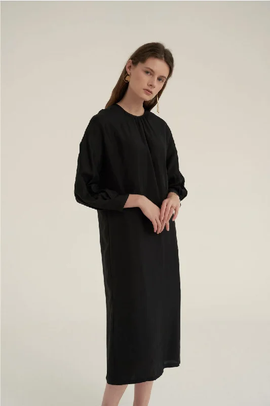 Shirring Neck Comfort Dress Black