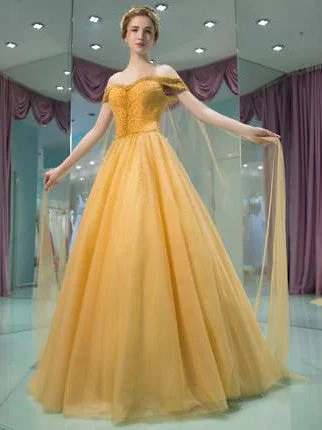 Off Shoulder A-line Yellow Prom Dresses, Beaded Prom Dresses, Affordable Prom Dresses