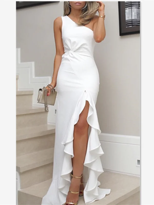 One Shoulder Sheath Ivory Jersey Prom Dresses, Side Slit Prom Dresses, Prom Dresses