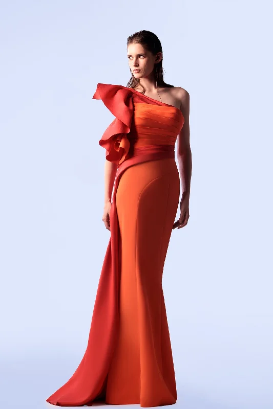 Orange and red draped mermaid dress