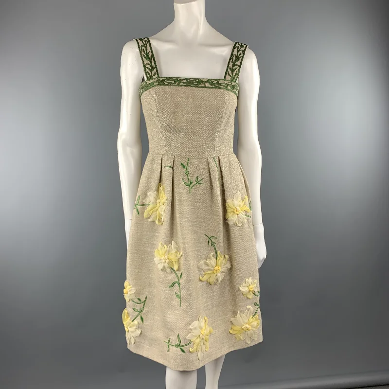 OSCAR DE LA RENTA Size 0 Taupe Woven Yellow Silk Flower Fit Flair Dress