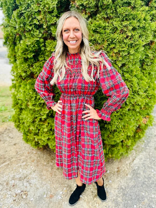 Red Plaid Frilled Mock Neck Dress